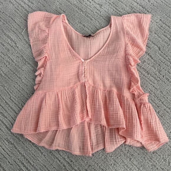 American Eagle Light Pink Baby Doll Crop Top Blouse Size Small Ruffled‎ Cotton - Picture 4 of 9
